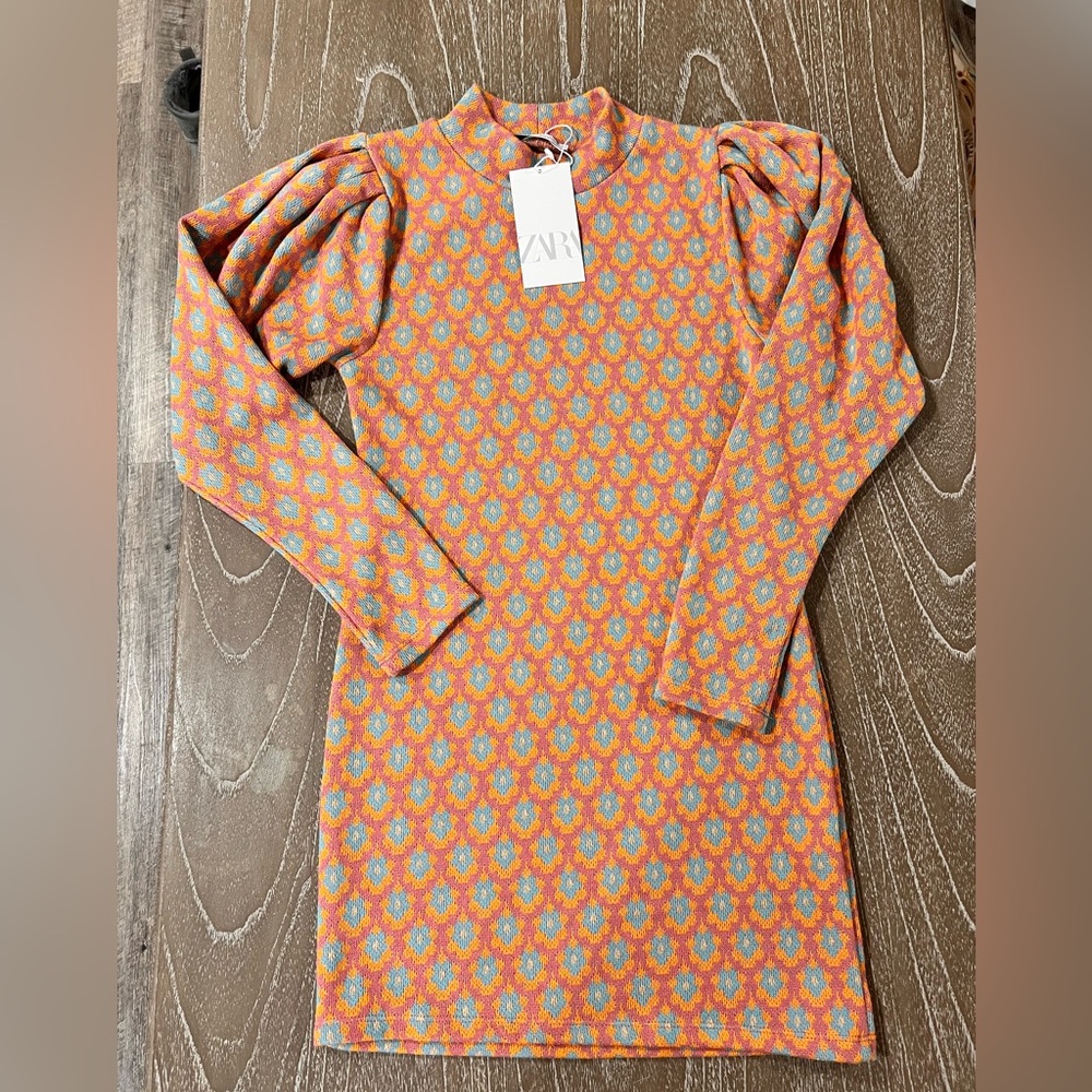 NWT ZARA High Neck Long Puff Sleeves Short Colorful Flower Knit Dress Size M